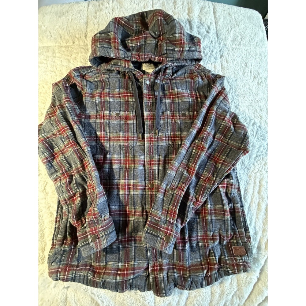 LL Bean Shirt Men M Grey Plaid Hooded Flannel Snap Button Hoodie 100 %‎ Cotton